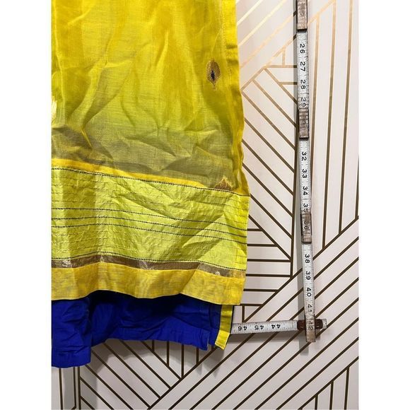 BIBA Women's Short Sleeve Round Neck Long Dress Yellow Blue Sari India Size 36 - Picture 2 of 10